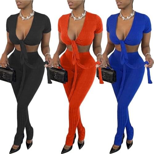Short Sleeve Sexy Women 2 Pieces Set Deep V Neck Lace Up Crop Top and Long Pants Party Clubwear Womens Outfit Set Matching Sets