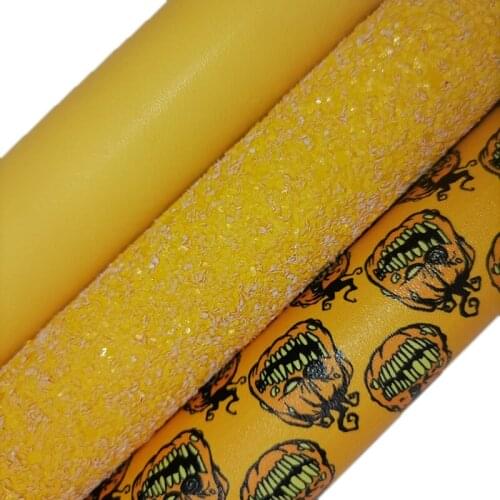 Yellow Glitter Fabric, Pumpkins Printed Faux leather, Smooth Synthetic Vinyl Leather Sheets For Bow A4 21x29CM XM962