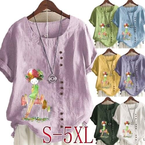 Womens New Fashion Summer Cartoon Girl Printed Round Neck Short Sleeve T-shirt Casual Loose Solid Color Blouse Tops Plus Size