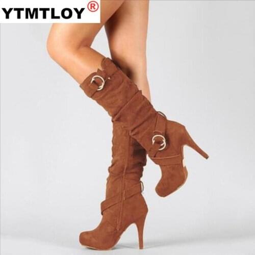 Sexy Knee High Women Boots Thin Heel Round Toe Platform Fashion Ladies Pu Leather Size 34-43 Lady Shoes Buckle Strap Flock