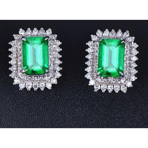 Square crystal emerald gemstones sapphire zircon diamonds stud earrings for women white gold silver color jewelry bijoux luxury