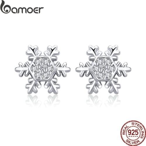 BAMOER Trendy 925 Sterling Silver Winter Snowflake Exquisite Stud Earrings for Women Fashion Wedding Engagement Jewelry BSE009