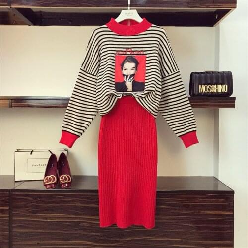 Amolapha Women Knitted Striped Character Pattern Jumper Tops Sweaters+Slim Skirts 2 Pieces Clothing Set Sui