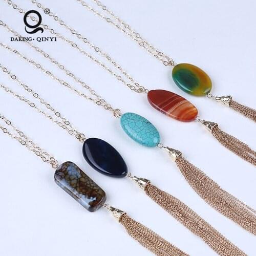 Multi Colors Druzy Quartz Natural Stone Gemstone Tassel Pendant Long Chain Women Necklace