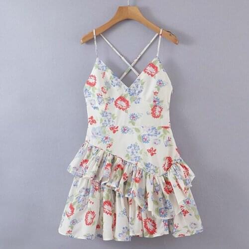 YENKYE New 2021 Women Irregular Ruffle Hem Sexy Sling Dress Female Backless V Neck Summer Beach Dress Holiday Short Vestido