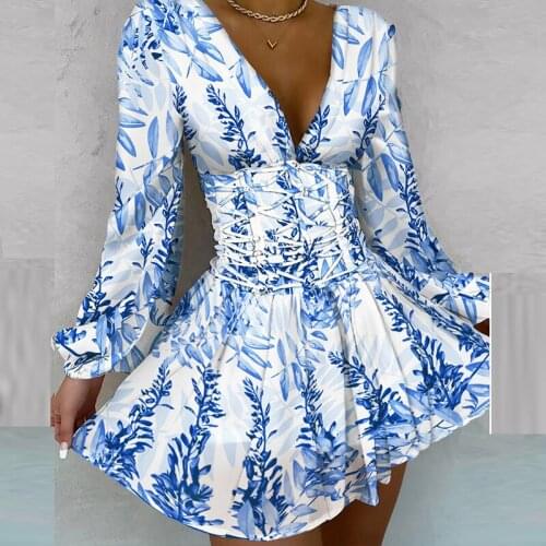 Autumn Ladies Casual Long Sleeve Chiffon DressSexy Bandage Tunic Women Chic Dresses Elegant V-Neck Floral Printed Party Dresses