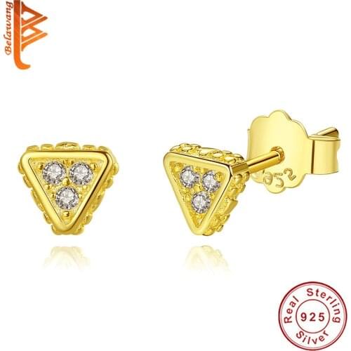 BELAWANG Geometric Zirconia Sparkling Triangle Stud Earrings Silver 925 Gold Color Design Earring for Women Chic Jewelry