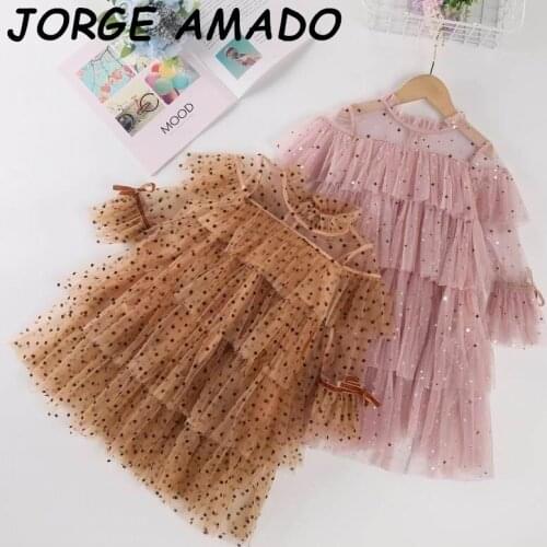 Children Summer Dress girl stars glitter layered Dress Girl Gauze long Sleeve Princess Dress E202002