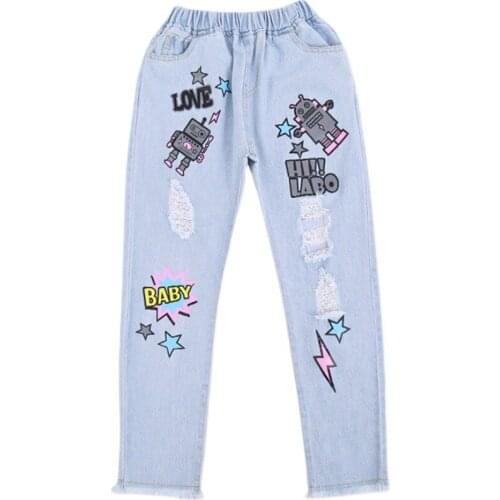 Girls' Jeans Spring and Autumn New Loose-fitting Little Girl Long Pants Printed Medium-sized Childrens Casual Pants 4-12 Ages
