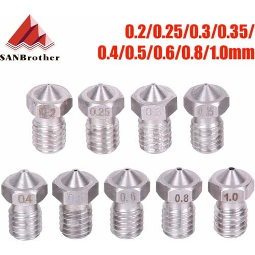 V5 V6 Stainless steel Nozzle 0.2/0.3/0.4/0.5/0.6/0.8mm M6 thread Nozzle for 3D Printer E3d 1.75/3.00MM Extruder Print Head