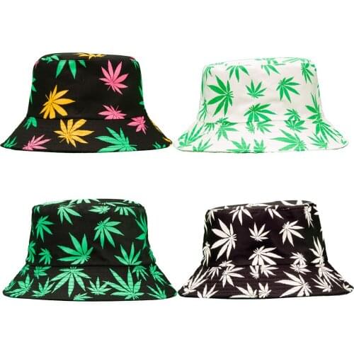 Hot Spring and Summer Fisherman Hat Womens Cotton Maple Leaf Printed Hat Bucket Hat Mens Korean-Style Sunbonnet Sun Hat