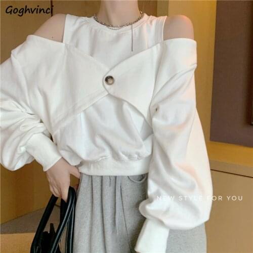 No Hat Hoodies Women Hollow Out Off-shoulder Chic Hip-hop Designed Fashion Solid Hoodie Korean Style Leisure Streetwear Baggy