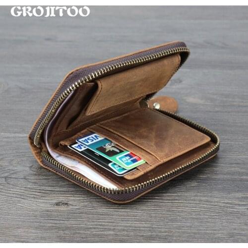 GROJITOO Crazy horse Leather Short Wallet For Men Top Layer Cowhide Multi-function Wallet Genuine Leather Vertical Change Purse