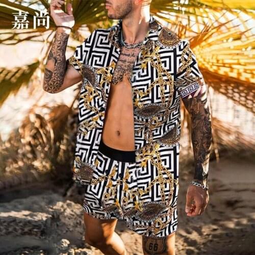 Mens Summer Casual Loose Quick Dry Hawaiian Beach Style Suit Print Shorts Short Sleeved Shirt Cardigan Lapel Two-Piece Set