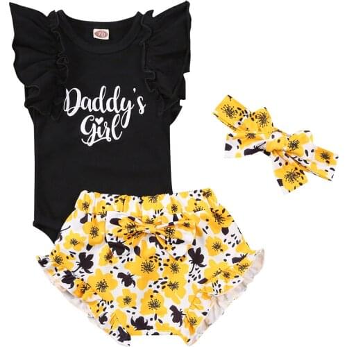 FOCUSNORM 0-18M Summer Baby Girls 3pcs Romper + Shorts + Headband Letter Flower Print Sweet Style Summer Clothing