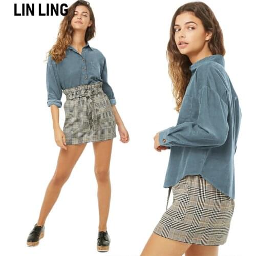 LINLING Retro Versatile Blue Lapel Corduroy Irregular Single Breasted Shirt Fashion Temperament Cardigan Top