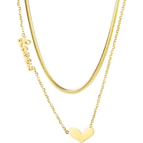 Fashion Gold Color Double layer Snake Chains Heart Necklaces For Women Kpop Stainless Steel Jewelry Accessories Choker Necklaces