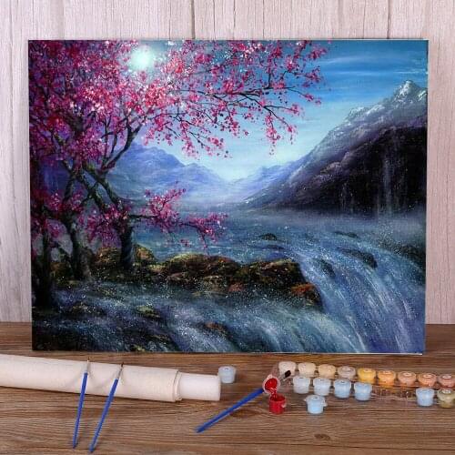 Natural Scenery Blossom Falls DIY Painting By Numbers Complete Kit Acrylic Paints 40*50 Canvas Pictures Handmade Handiwork