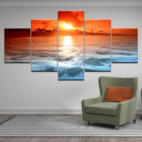 Wall Art Canvas Painting Living Room Modular HD Print Pictures 5 Pieces Blue Sea Beach Island sunset Seascape Posters Home Decor