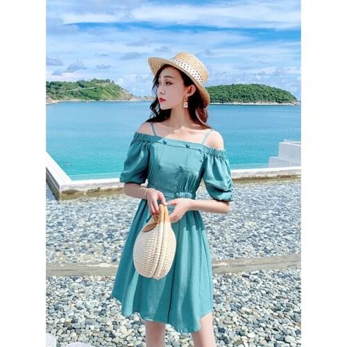 2019 new summer French niche lisianzhi smoked high waist green word shoulder strap dress A337