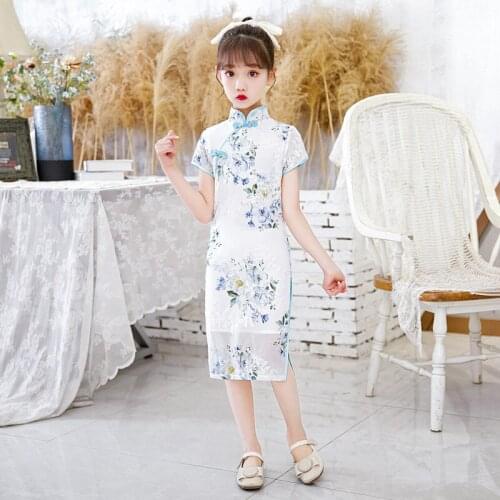2021 New Child Flower Chinese Chongsam Dress Chinese Traditional Dress Qipao For Kids Short Sleeve Dress For Evening Party