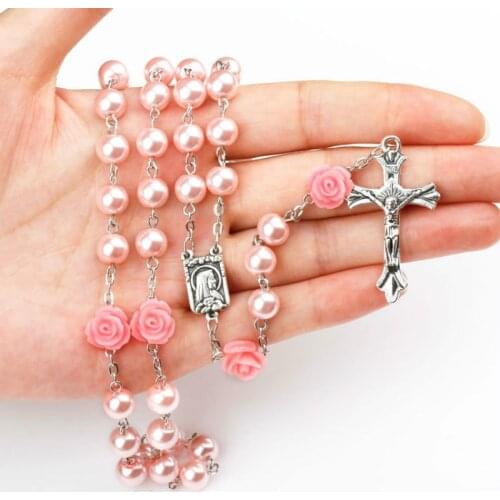 6Colors Cross Rosary Necklace Imitation Pearl Rose Flower Virgin Mary Pendant Rosary Cross Necklace Catholic Religious Jewelry