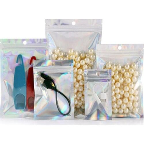 20Pcs Iridescent Zip Lock Bags Reusable Pouches Hologram Zipper Bags Cosmetic Plastic Laser Iridescent Bags Holographic Bags