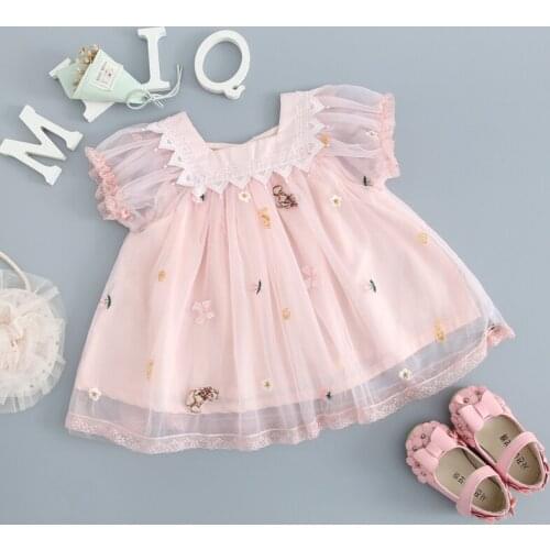 Baby Girls Dress Summer Embroidery Lace Birthday Flare Sleeve Infant Princess Wedding Dress Newborn Clothes White Pink 0-3T