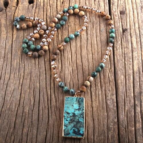 RH Fashion Boho Jewelry Natural Stones Long Knotted Semi Precious Stone Rectangle Pendant Necklaces Women Bohemia Necklace Gift