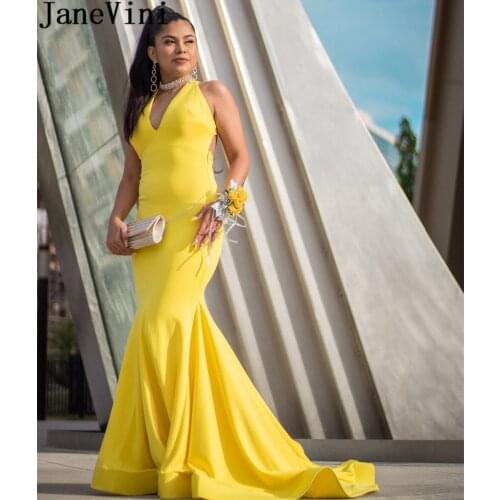 JaneVini Sexy Cross Back Long Evening Dresses Yellow Mermaid Prom Gowns Sweep Train Sleeveless Formal Special Occasion Dress