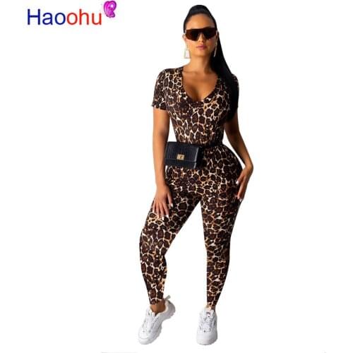 HAOOHU Leopard Print Two Piece Set Tracksuit Women Clothing Short Sleeve Top + Pants Sweat Suits Casual Streetwear Matching Set