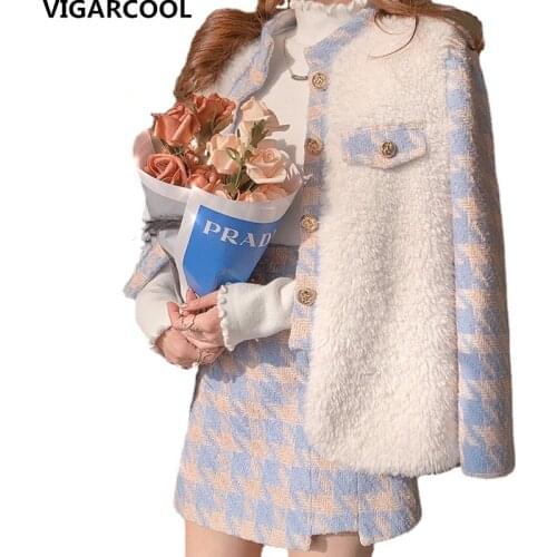 Warm High-quality woolen Coat female Winter New splicing houndstooth woolen Coat + thick short skirt small fragrance Suit Female