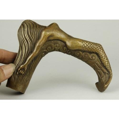 Old Handmade Carving Bronze Mermaid Statue Cane Head Walking Stick