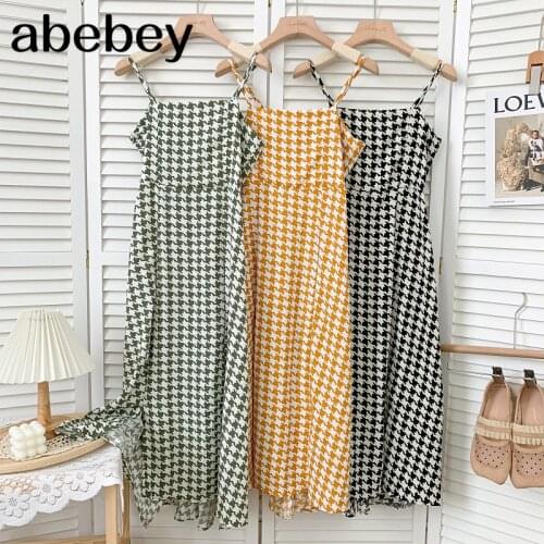 Vintage slash neck sleeveless Plaid Dress high waist pleated waist mid-length A-line split strap Dress 2021 New Summer