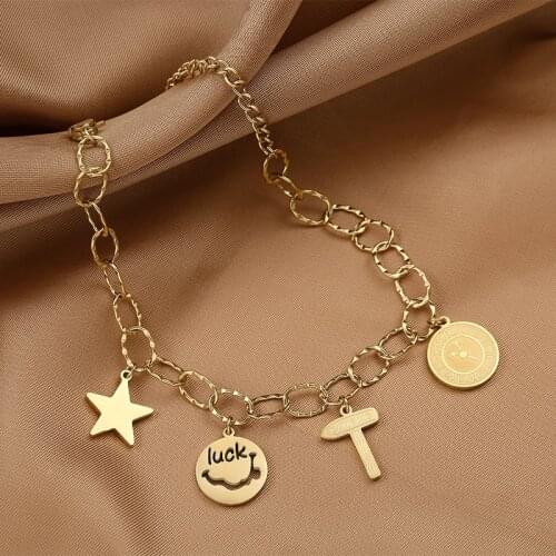 New Trendy Star Round Tag Pendant Stainless Steel Women Bracelets Female Punk Style Charm Bracelet Girls Birthday Gift Jewelry