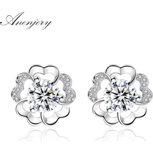 ANENJERY 925 Sterling Silver Zircon Plum Flower Earrings For Women oorbellen brincos pendientes S-E419