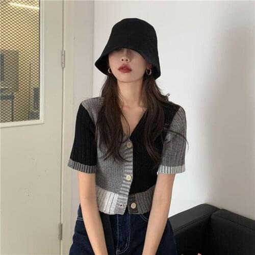 Autumn y2k Womens Sweater Vest Button Down Crop Tops V Neck Short Sleeve Color Block Rib Knit Womens T-Shirts Streetwear