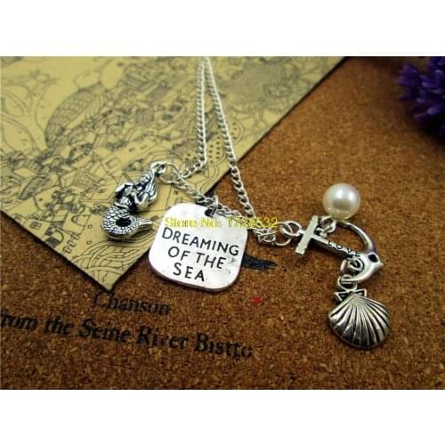 12pcs/lot Fashion Dreaming of the Sea Necklace little mermaid Necklace antique silver mermaid,seashell ,bead ,anchor Necklace