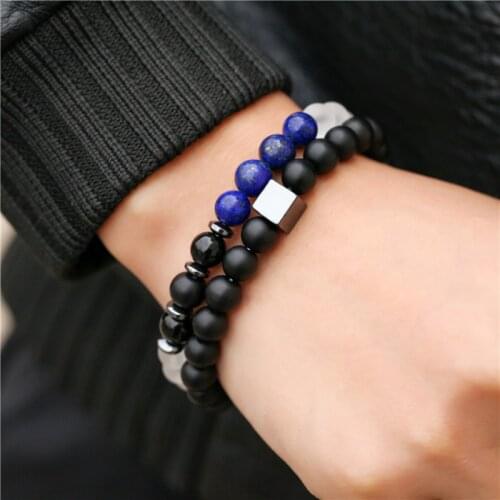 2Pcs/set Couple Bracelet Sets For Men Fashion 8mm Black Matte Lapis Stone Bead Bracelets Sets 2019 Love Bangle Jewelary Gifts