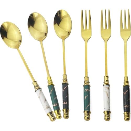 2Pcs Ceramic Handle Fork Spoon Set Fruit Fork Coffee Tea Spoon Stainless Steel Cutlery Gold Tableware Cake Forks Dishwasher Safe