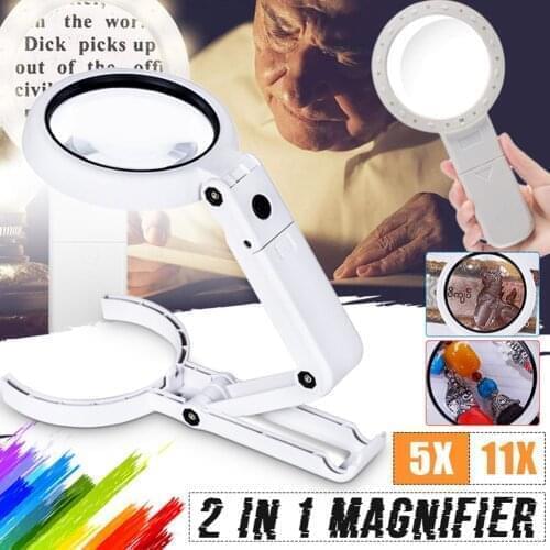 5X 11X Folding LED Table Lamp Magnifier Reading Portable Handheld Illuminated Magnifying Glass With 8 LED Lights for Newspaper
