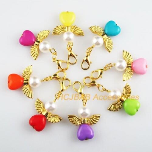 8 New 21.5x27mm Angel Charms Mixed Heart Acrylic Gold Color Retro With Lobster Claw Clasps
