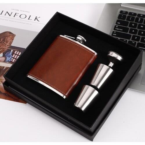 8oz Portable Leather Covered Hip Flask Stainless Steel Whiskey Wine Pot Cups Outdoor Travel Flagon Vodka Alcohol Bottle with Box
