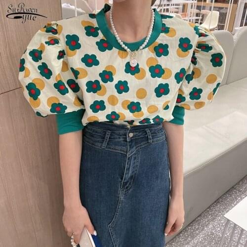 Vintage Summer 2021 Woman Blouses Korean Chic Floral Print Puff Short Sleeve Shirt Women Fashion O-Neck Loose Tops Blusas 14195
