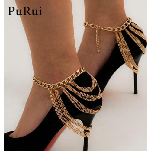 Boho Multi Chain Beach Tassels Anklet for Women Thick Link Chain Turkish Anklets Bracelet for Party Barefoot Sandal Foot Jewelry