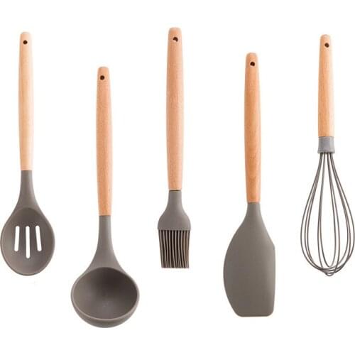 Wooden Handle Silicone Kitchenware Cooking Utensils Heat Resistant Non-Stick Spoon Spatula Whisk Colander Oil Brush Tableware