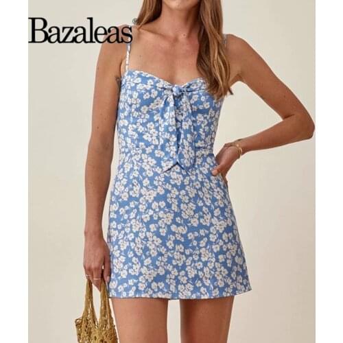 Bazaleas Elegant Blue Floral Print Women Mini Dresses Vintage Spaghetti Straps Summer Dress Sexy Bow Vestidos