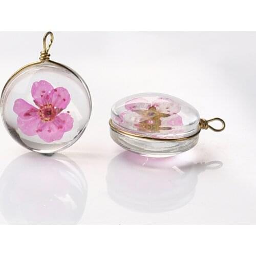 Round Dried Flower Glass Charms Copper Transparent Pendants For DIY Necklace Earring Jewelry Making19mm x 14mm, 2 PCs