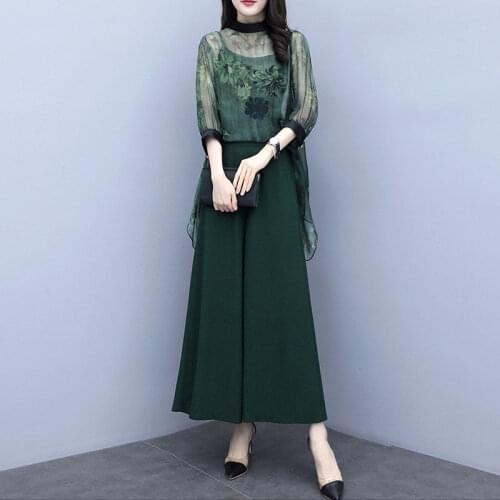Summer Green Chiffon Printed 3 Piece Sets Women Plus Size Vest + Top & Long Pants Suits Elegant Korean Womens Sets Femme Y834