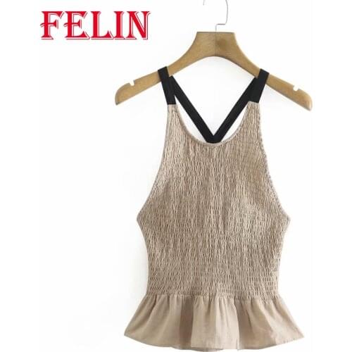 FELIN Za Chic Khaki Cami Tanks Women V Neck Slim Sleeveless Bow Tie Tops Women Summer Stylish 2021 Tanks
